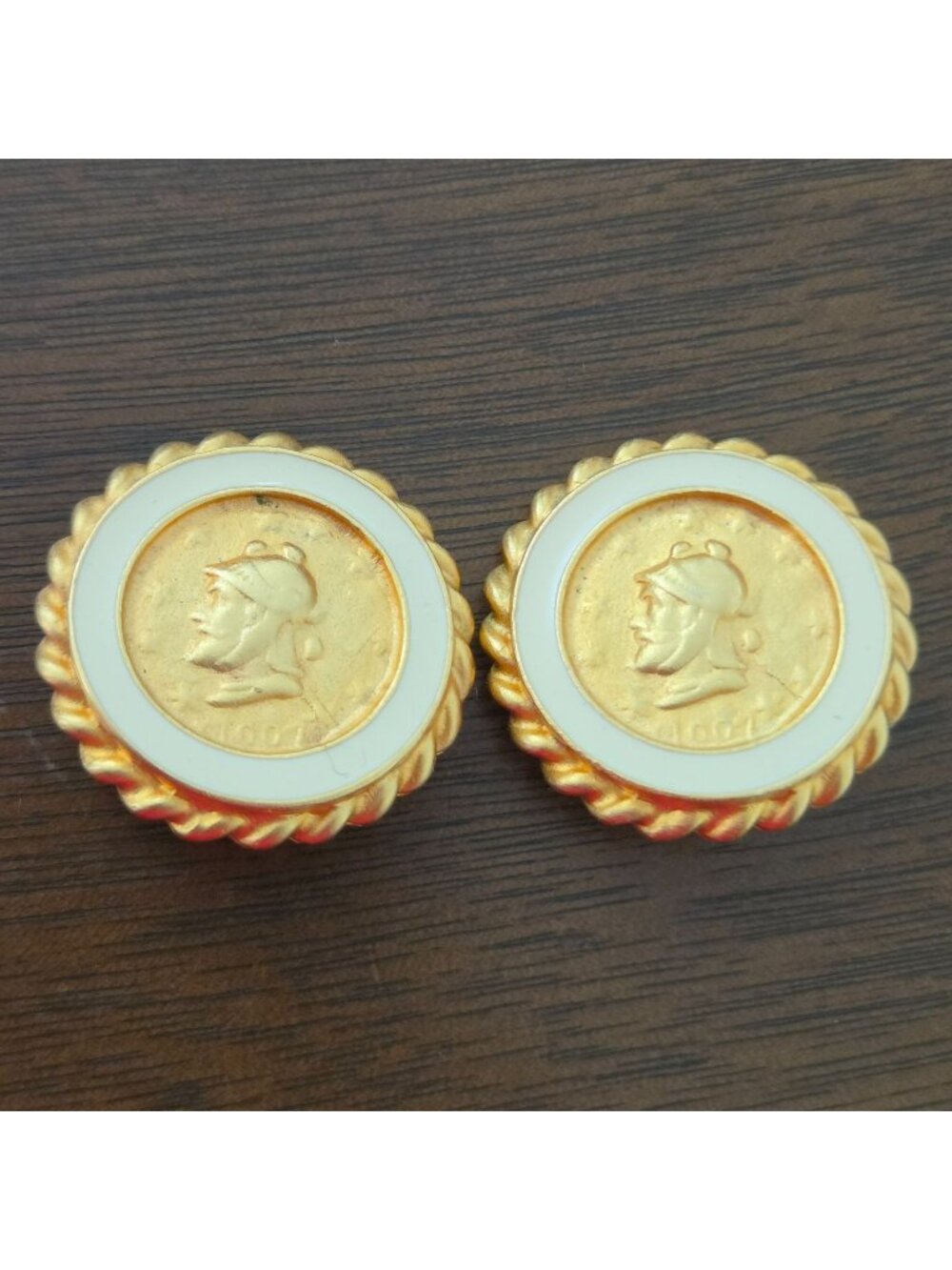 Vintage 90s Gold Tone Round Etruscan Coin Statement Clip On Earrings